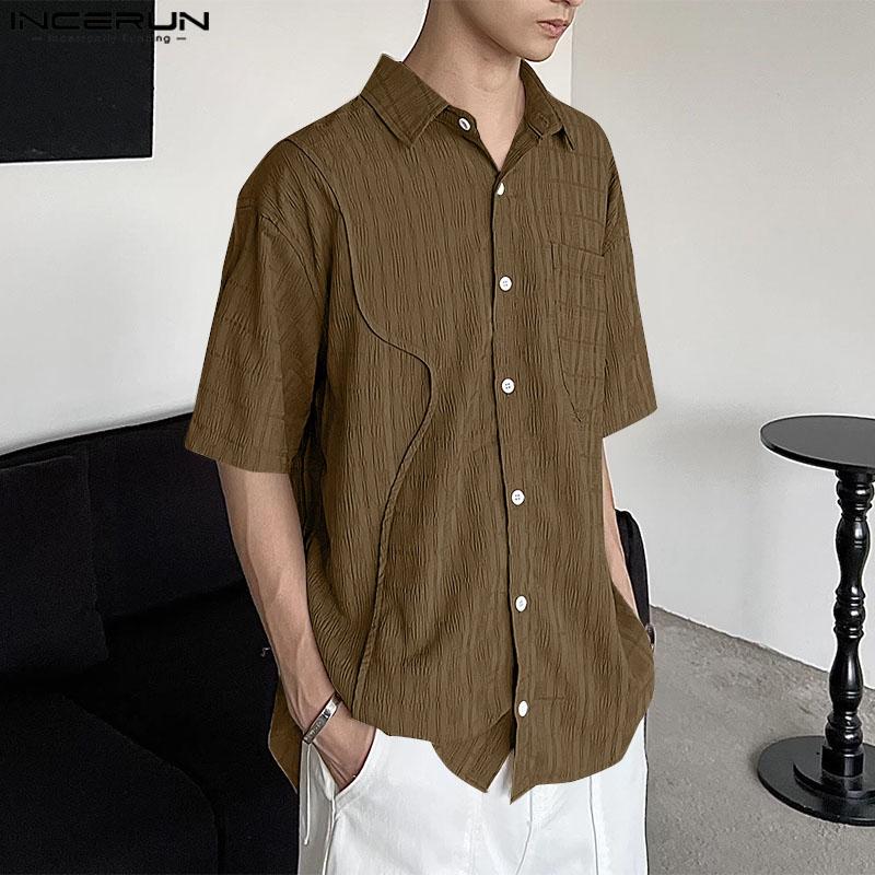 INCERUN Men Turn Down Collar Texture Shirts Plus Size Loose Tops