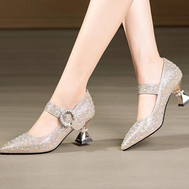 2025 Women's Chunky Heel Pointed Toe High Heels with Pearl Rhinestone Buckle