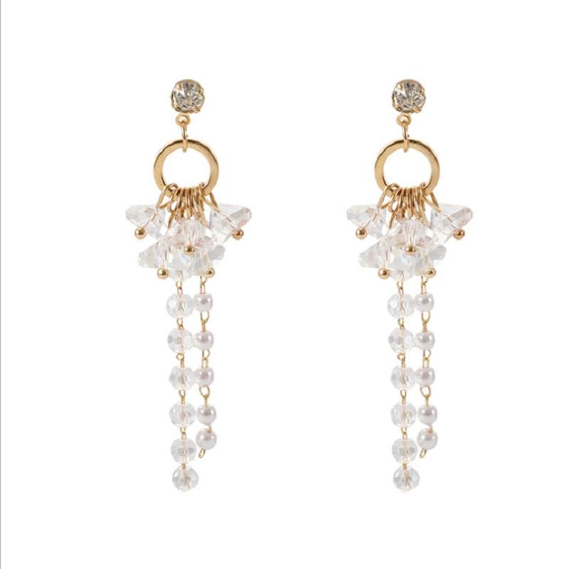 Irregular Crystal Flower Imitation Pearl Tassel Long Drop Earrings for Female Geometric Pendant Ear Wedding Jewelry
