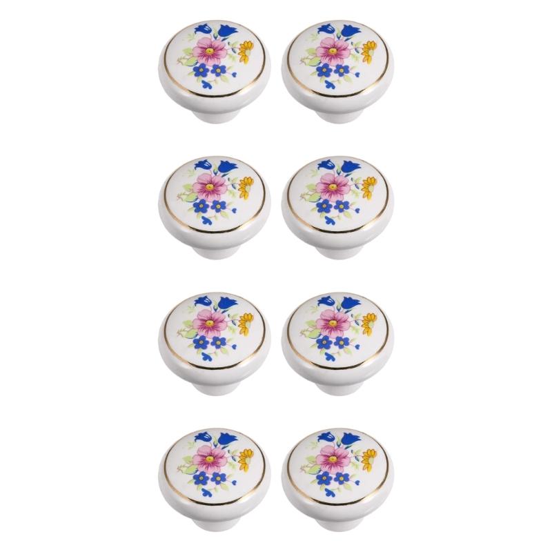 8Pcs Ceramics Single Hole Round Knob European Orchids Furniture Drawer Knob For Cabinet Drawer Closet Dresser