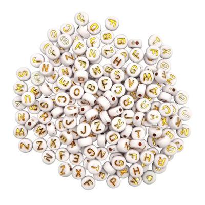 Beads - Round - Letters - White and Gold - For Jewelry, Necklace, Bracelet