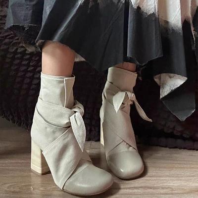 Cowhide Version~ Genuine Leather Niche New High-end Niche Western Cowboy Boots Splicing Bow High-heeled Short Boots Women's Trend