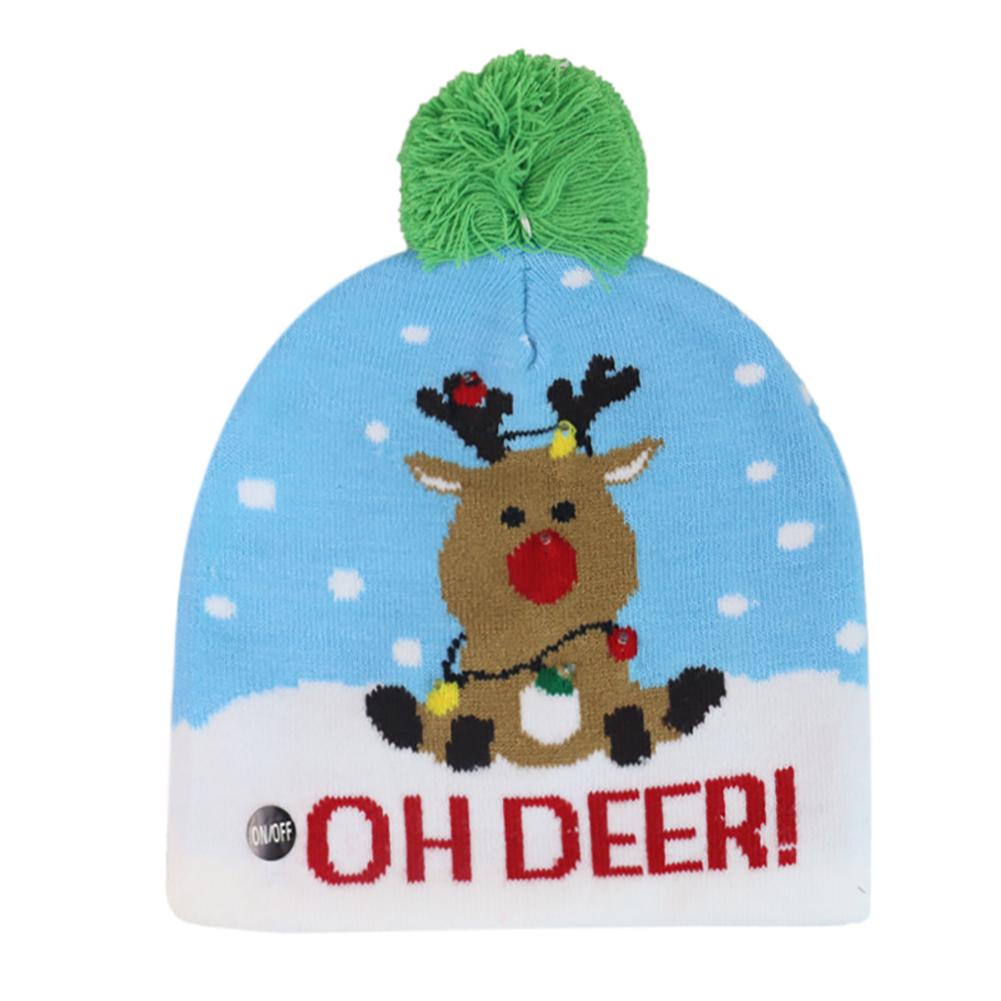 Christmas Knitting Hat Colorful LED Light Wool Ball Snowman Snowflake Elk X-mas Tree Beanies