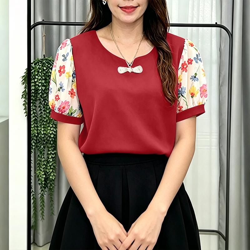 ZANZEA Women Casual Round Neck Floral Print Splice Short Sleeve Blouse S
