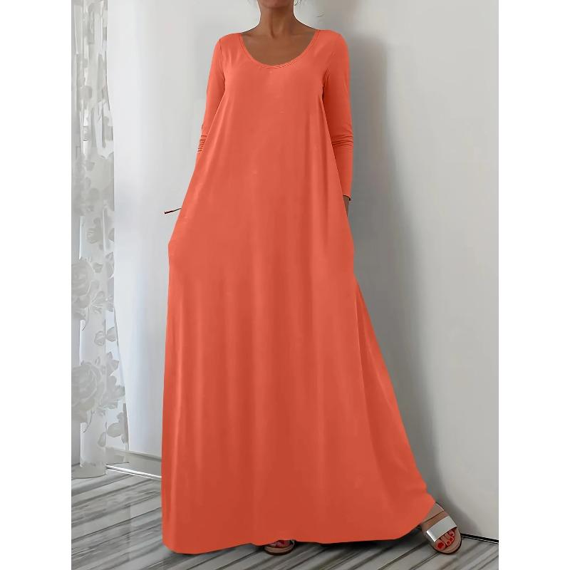 IHUASU Fashion Summer Spring Solid Color Print Long Sleeve O-Neck Casual Dresses