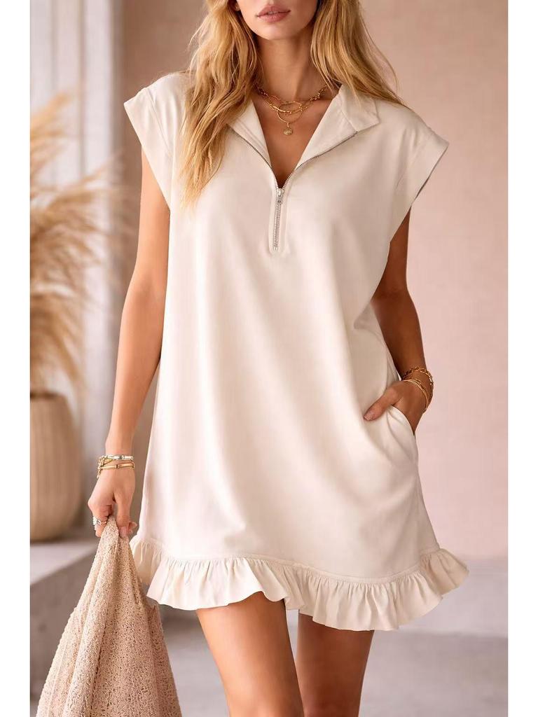 2026 Spring/Summer Women's Sleeveless Zipper V-Neck Ruffle A-Line Dress with Double Pockets