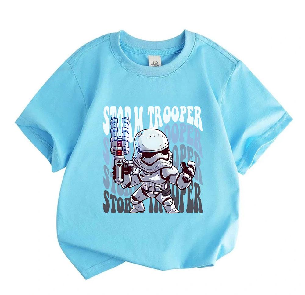Kids Boys Girls 100% Cotton Crew Neck Short Sleeve T-Shirt, Cute Cartoon Chibi Storm Trooper Print Casual Summer Tee for Daily Wear
