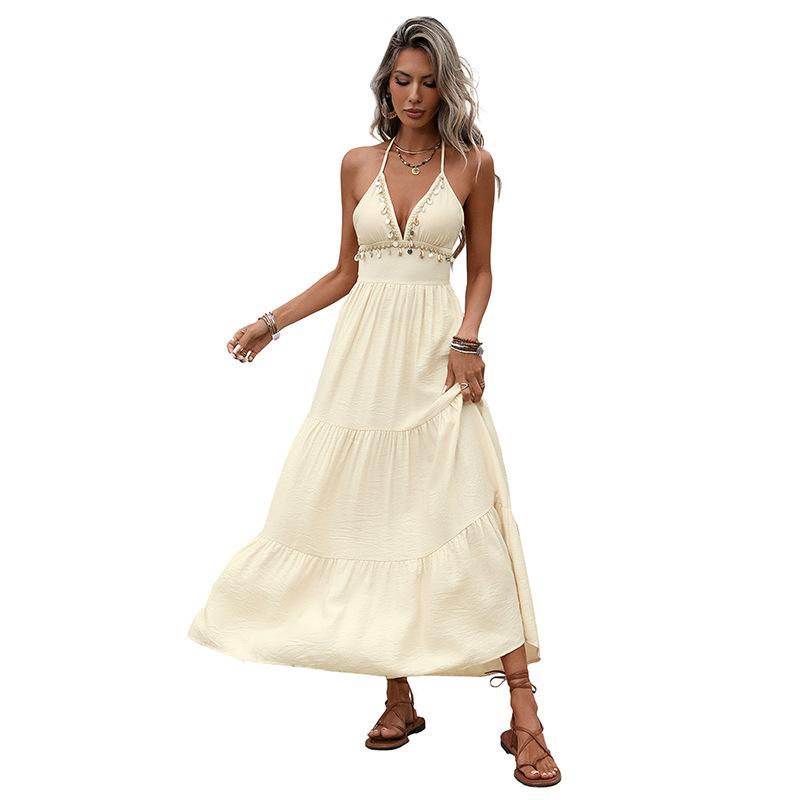 New hot-selling bohemian vacation style shell decoration V-neck neck halter cake dress