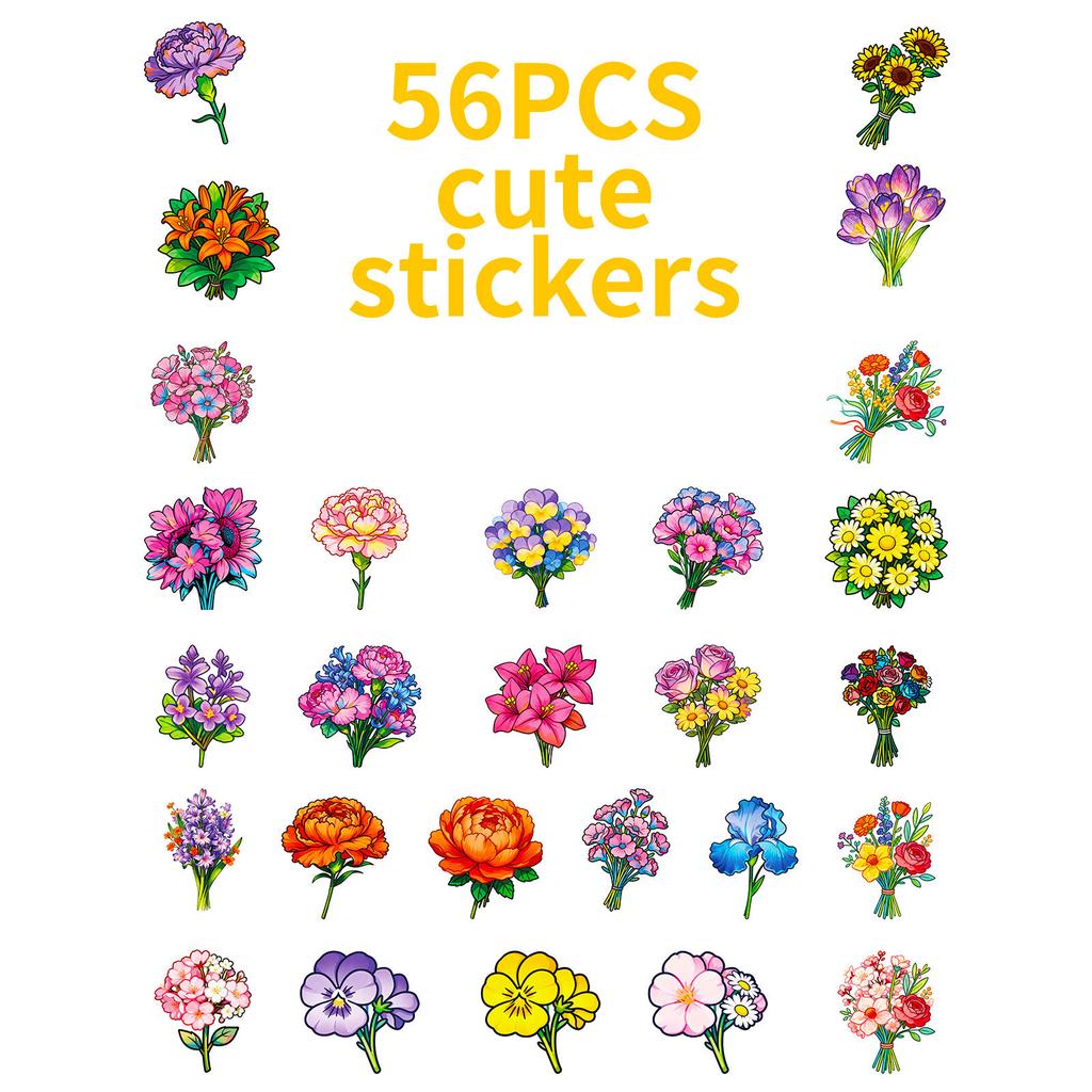56 Flower-Themed Decorative Stickers Colorful Bouquet Flower Stickers Handbook Diary Beautify Wind Flower Stickers