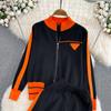 Herbst Winter Kontrast Farbe Gestrickte Pullover Trainingsanzug Volle Hülse Zipper Mantel Jacke und Knöchel-länge Hose Zwei Stück Set