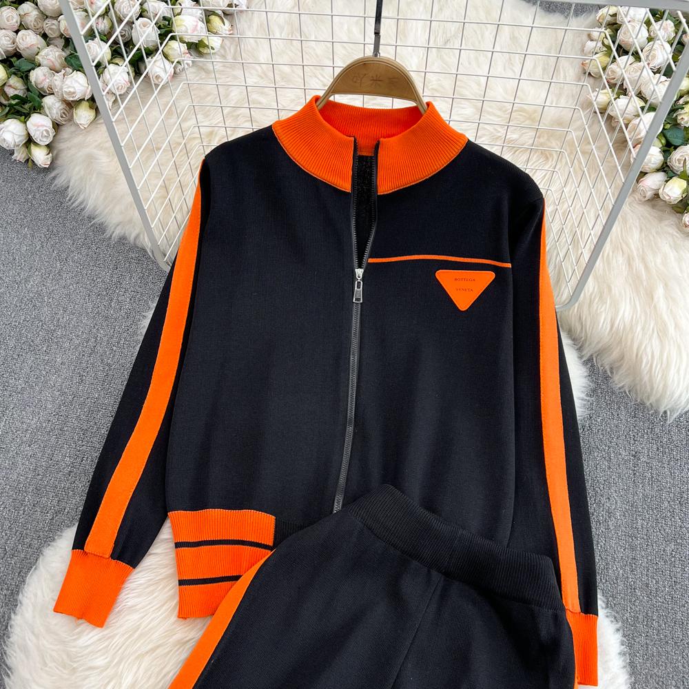 Herbst Winter Kontrast Farbe Gestrickte Pullover Trainingsanzug Volle Hülse Zipper Mantel Jacke und Knöchel-länge Hose Zwei Stück Set