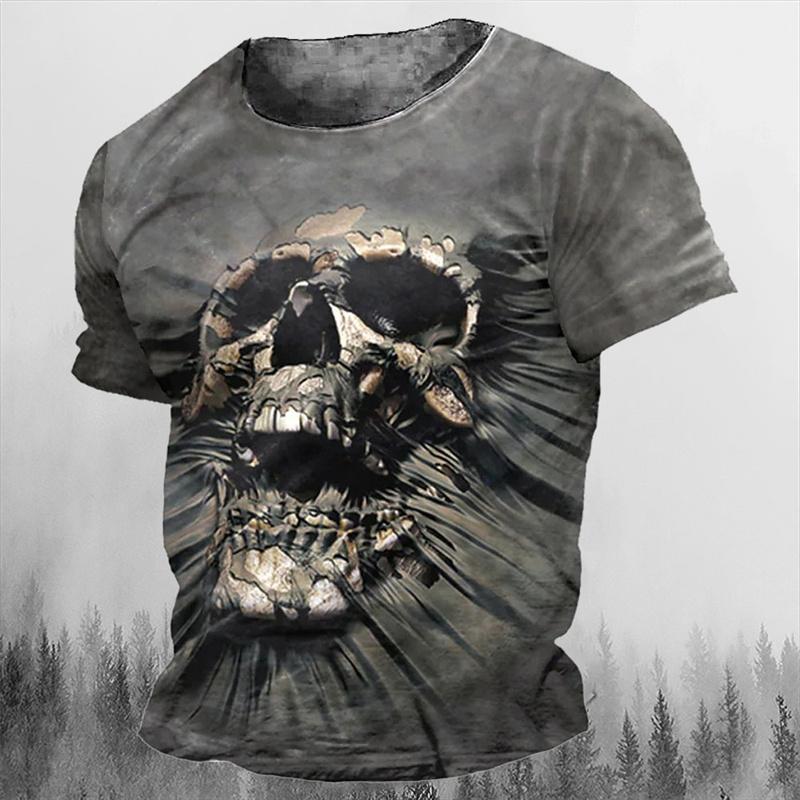 Men's Retro Skull Pattern T-shirt Horror Print Men Tops Hip-hop Rock Street Outfit O-neck Short Sleeved T-shirt Oversized Tshirt