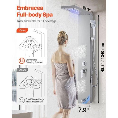 VEVOR Shower Panel Tower System with Rainfall Waterfall Shower Head, LED, 53 In Brushed Stainless Steel Shower Column, 5-Function Faucet