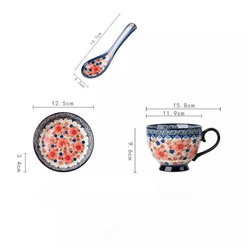 Handpainted Ceramic Soup Bowl with Snack Serving Tray,Vintage Floral Embossed Design Microwave Safe,Large Handle and Thick Base,Perfect for Cereal,Nut