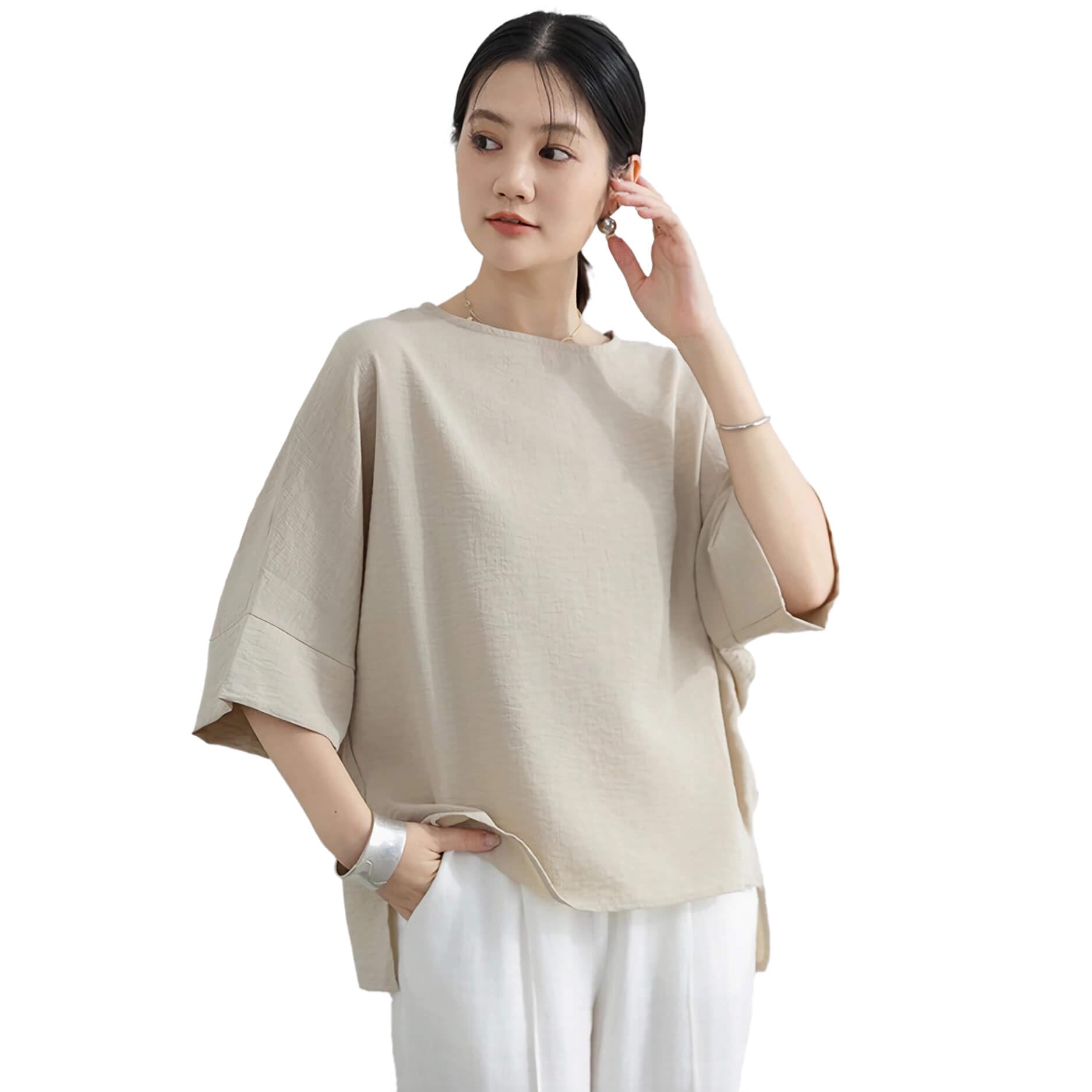 

Летняя блузка женская с рукавом долман, короткая, свободного кроя, летняя, элегантная [fourfivesixharu], рукав, топ, футболка, рукав, рукав 5/8, посадка, пуловер, бежевый