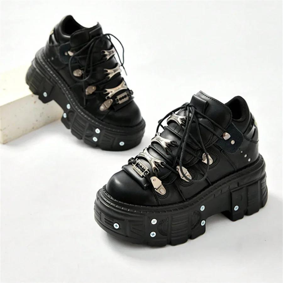 Fashion Punk Style Women Black Shoes Rock Metal Decor Lace-up Heel Height Platform Shoes Gothic Man Sneakers Women Ankle Boots New