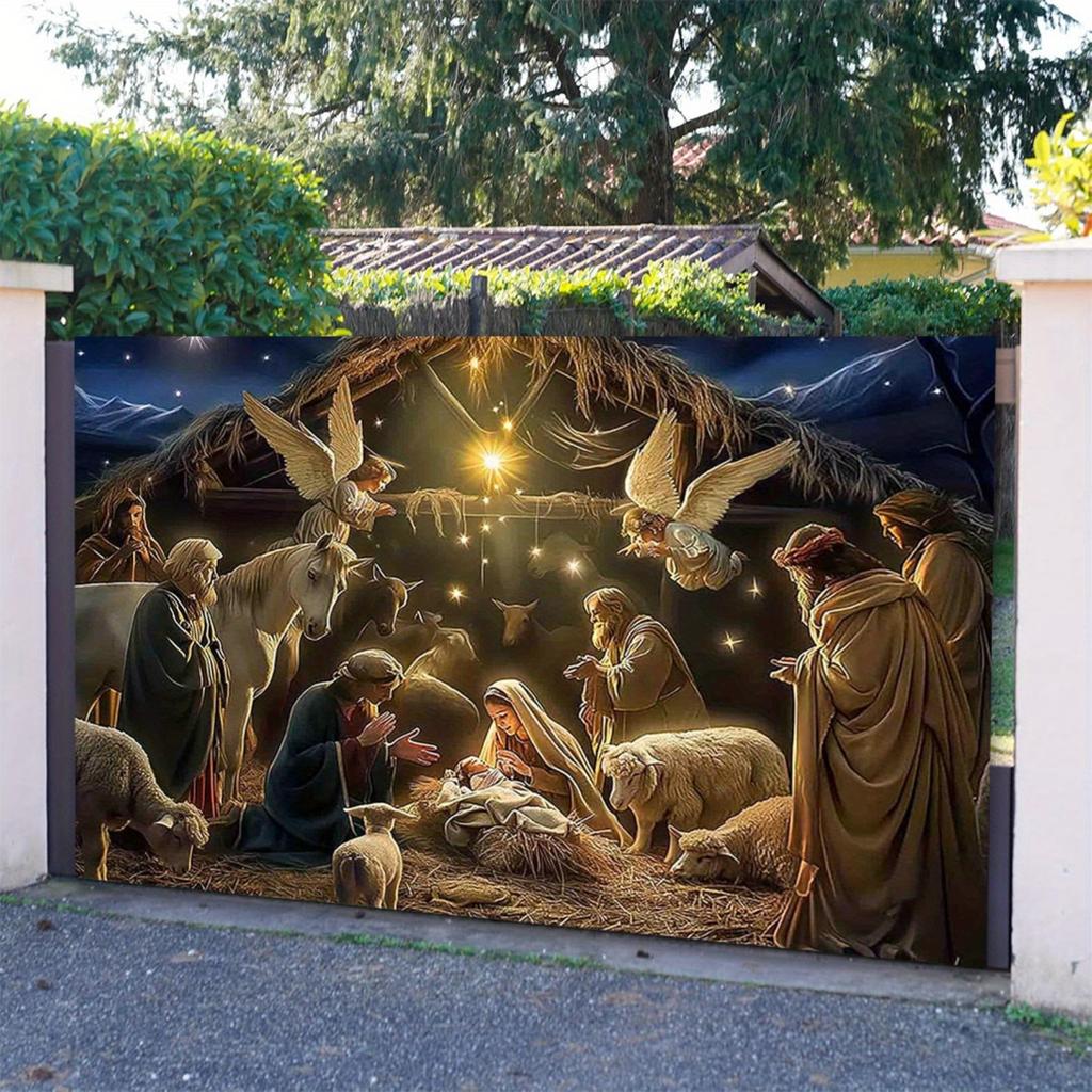 A Christmas manger scene background cloth, a religious prop for the birth of Jesus, and a church event decoration