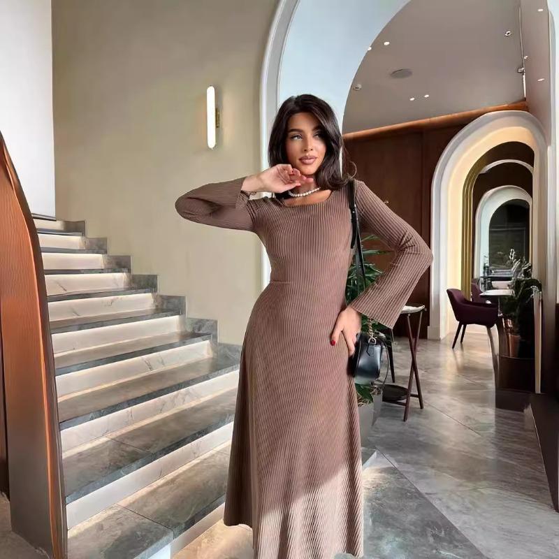

Женское осенне-зимнее модное элегантное облегающее платье с квадратным вырезом и длинными рукавами, повседневные платья для женщин XL темно-коричневого