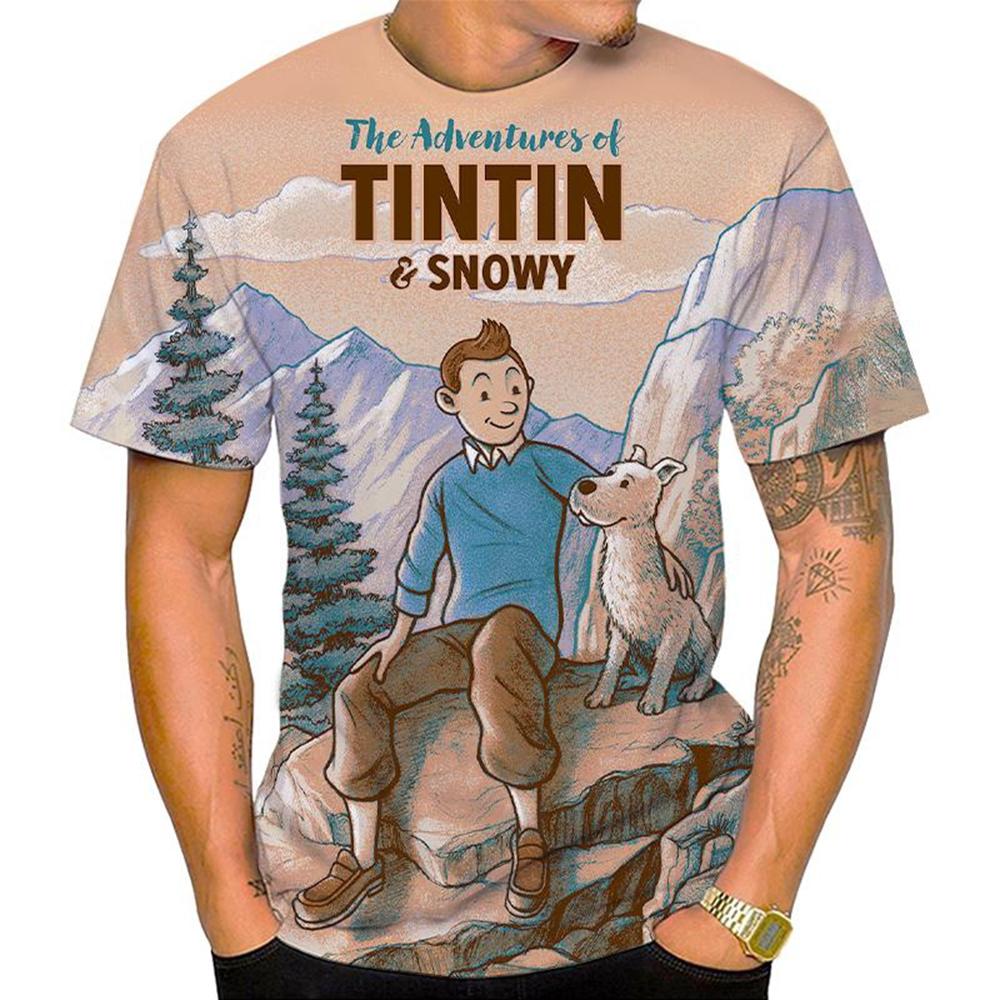 WowClassic Zomer Ronde Hals 3D Cartoon 'De Avonturen van Kuifje' Grafische Print Top Modieuze Casual Korte Mouw Heren T-shirts XXL