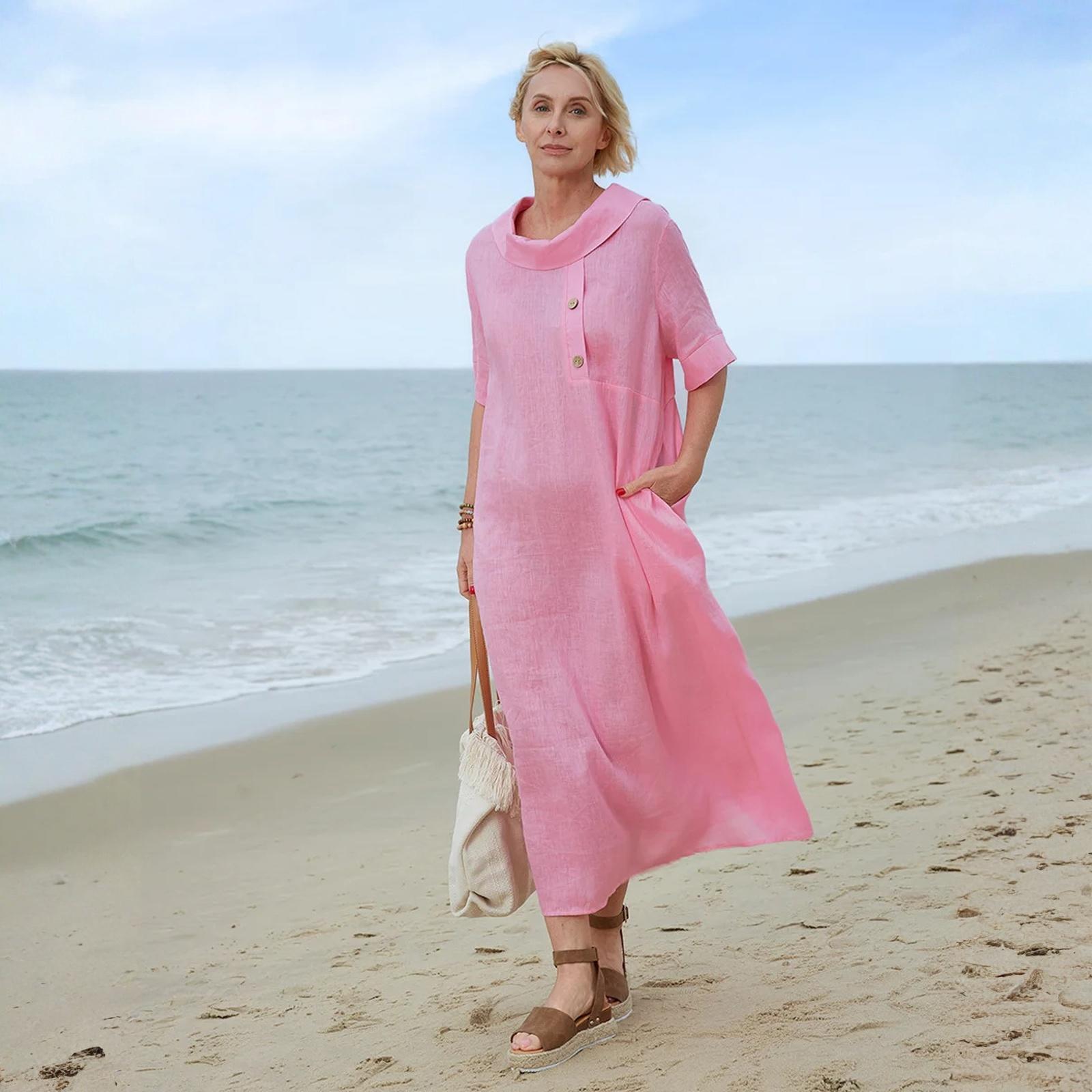 Linen Dress For Women Cotton Linen Maxi Dress Casual Short Sleeve Long Sundress Beach Vacation Outfits S