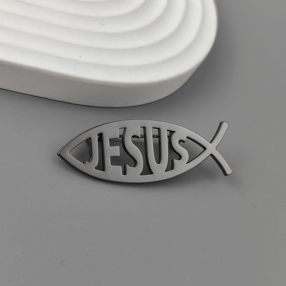 Stainless Steel Jesus Letter Fish Brooch Men's Shirt Suit Badge Pins Fashion Jewelry Accessories Religious Christian Gift