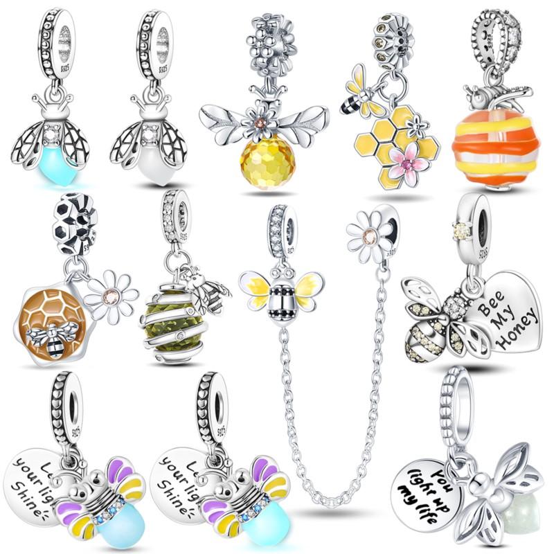 

100% 925 Silver Luminous Firefly Charms Beads Lovely Bee Honey Dangle Fit Original Bracelet DIY Jewelry Gift Making