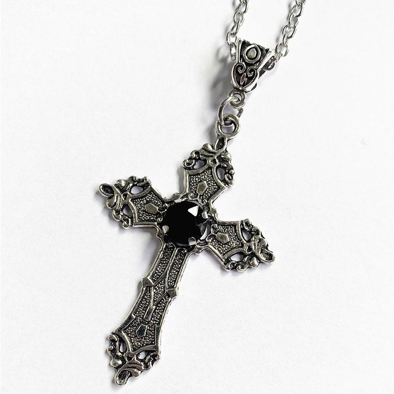 Adjustable Gothic Cross Pendant Necklace - Alloy Statement Jewelry with Rhinestone Detail, Punk Unisex Chain for Women and Men