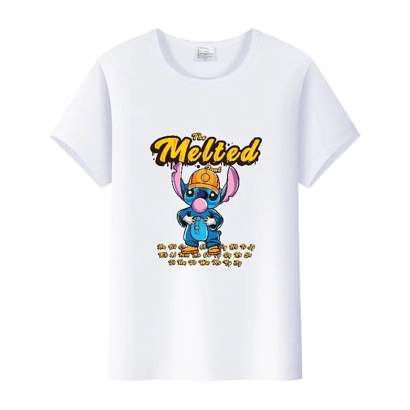 Kawaii Disney Cartoon Blouse Lilo Stitch Love Top Summer Short Sleeve 90S T-shirts White Shirt Kids Tees Woman Plus Size Clothes