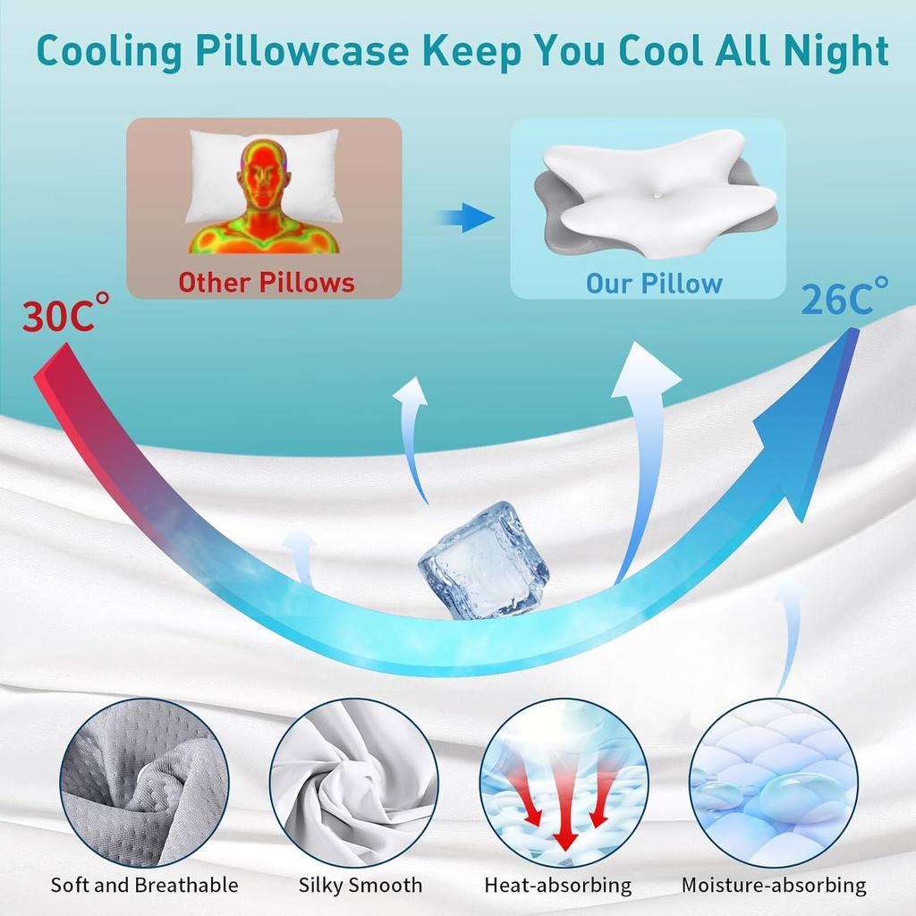 Cervical Pillow for Neck Pain Relief, Ergonomic Neck Pillow for Sleeping Contour Memory Foam Pillows with Cooling Pillowcase, Orthopedic Bed Pillow