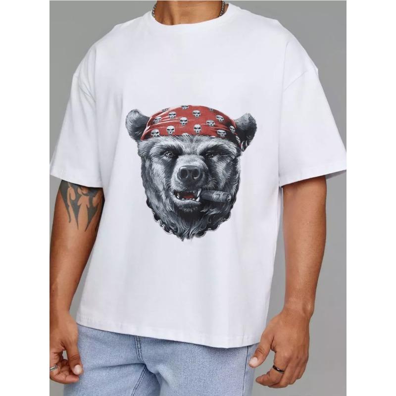 Bear Head Bandana T Shirt White Bear with Red Skull Bandana and Cigar Graphic Streetwear Casual Wear