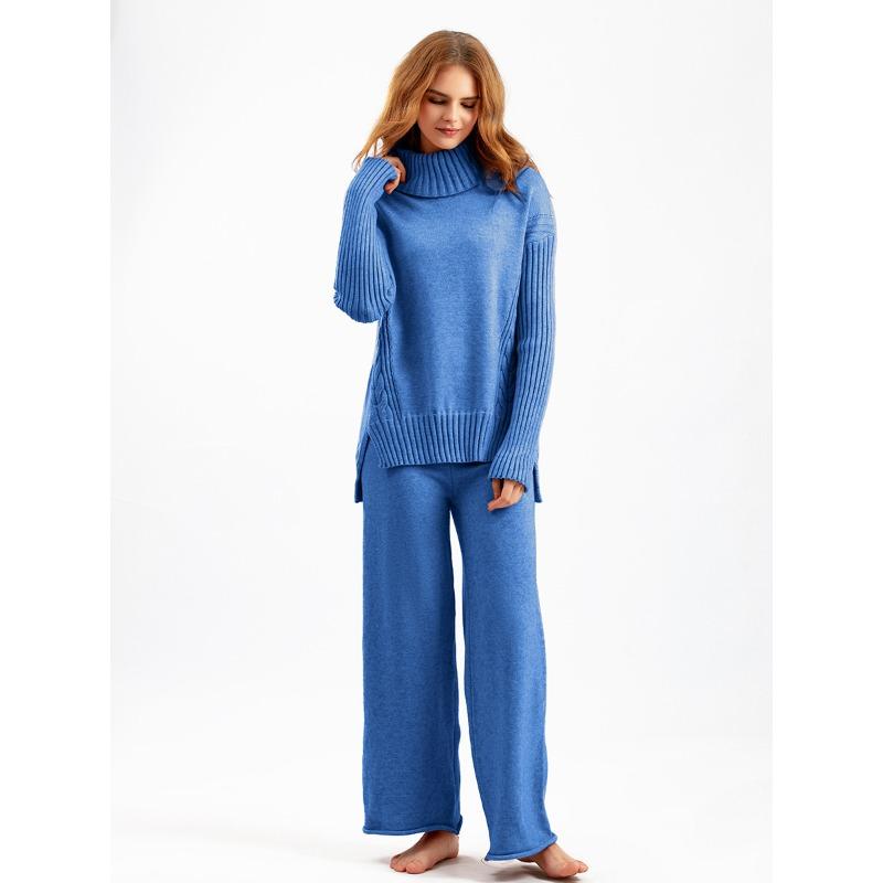 Autumn and Winter New Sweater 2piece Set for Women Lazy Style Loose High-neck Suit for Women Fashionable Casual Wide-leg Pants