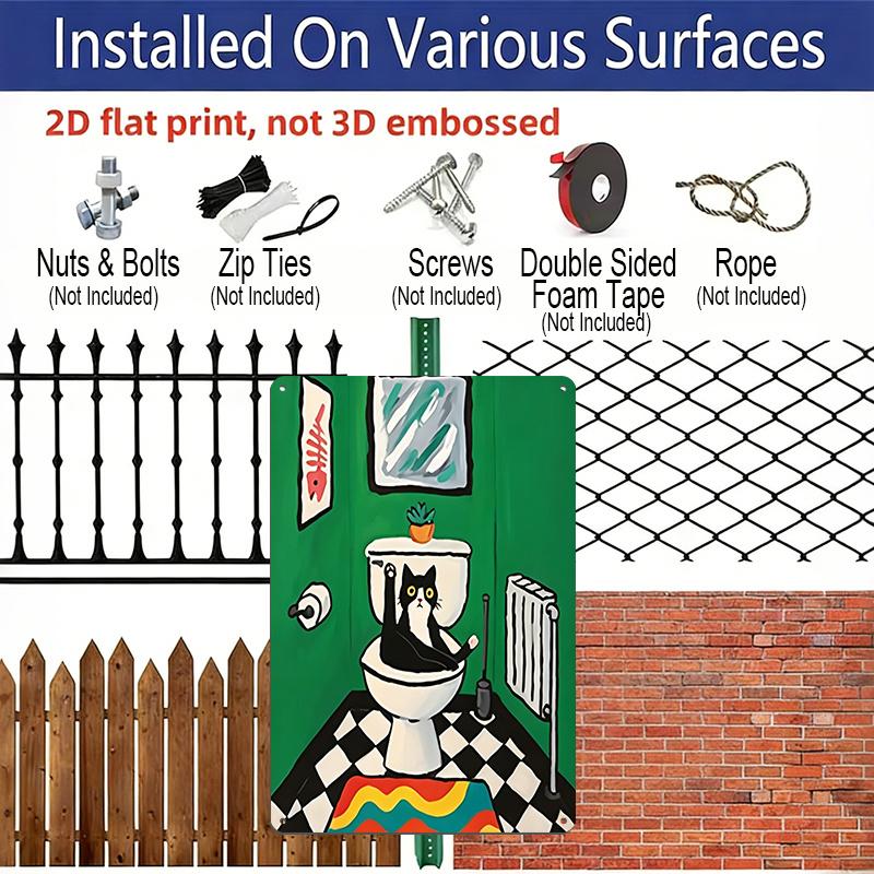 2D Flat 8×12 Inch Funny Cat In The Toilet Metal Sign - Whimsical Colorful Bathroom Wall Decor, Aluminum Hanging for Restroom, Home or Cat Lover's