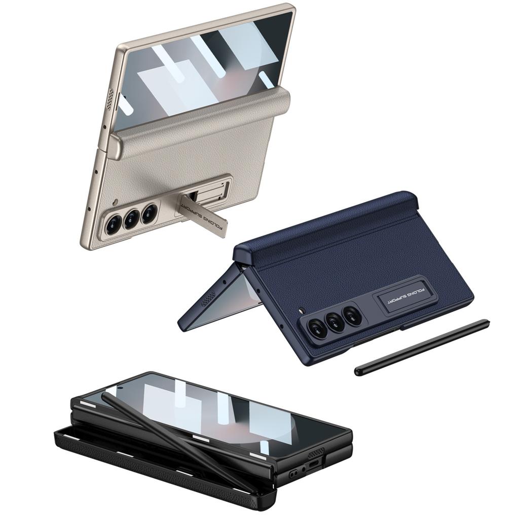 Samsung Fold6 Mobile Phone Case Full Inclusive Anti Fall Magnetic Suction Hinge Folding Rotating Shaft Plain Leather Pen Case Shell Film Sleeve