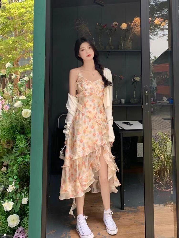Vintage pure floral dress, new women's summer design niche French high-end slip long dress