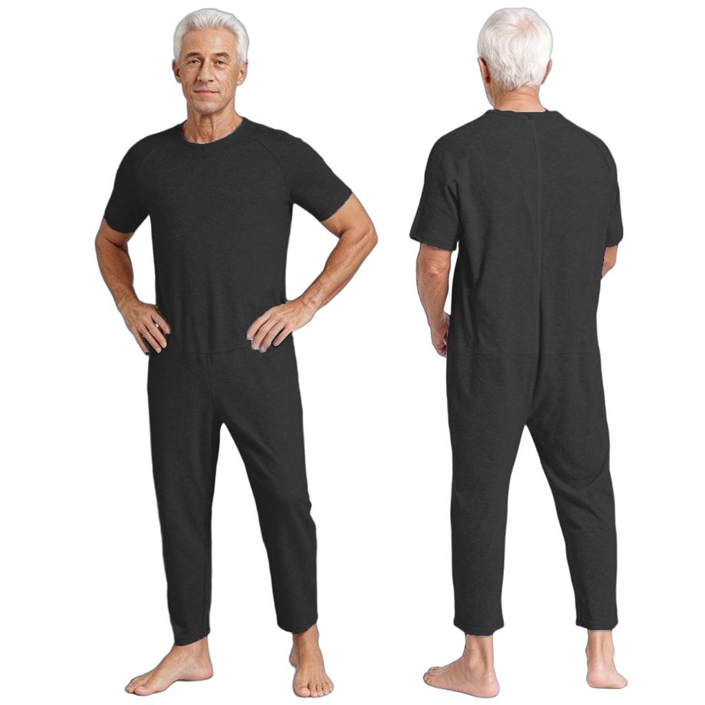 Men‘s Adaptive Clothing Jumpsuit XS-3XL: Round Neck Short Sleeve Solid Color with Back Zip-up Design for Dementia Elderly & Special Needs