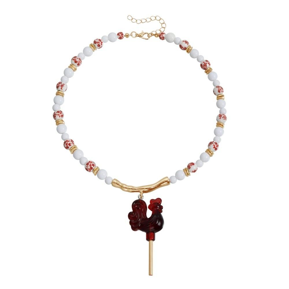 Adjustable Rooster Pendant Necklaces Beads Hoop Earrings Red Rooster Necklace Russian Folk Style