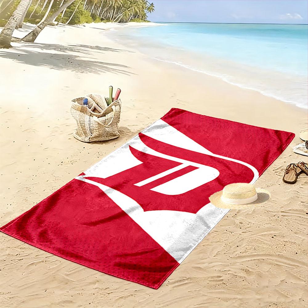 Bold Red "D" Logo on Dynamic Background Patterned beach towel quick dry perfect for travel outdoor sports jogging the beach and swimming