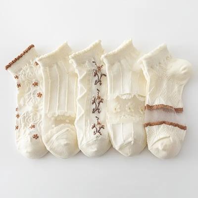 5pairs Retro Cottage Style Textured Floral Socks , Ruffle Trim Cute Socks For Dresses , Women's Stockings & Hosiery