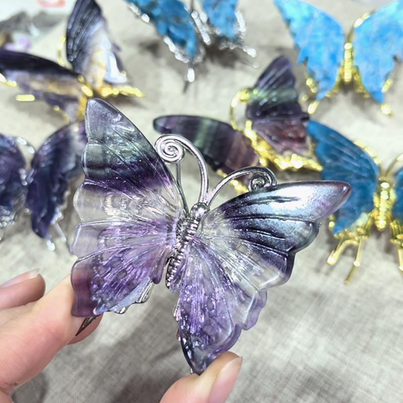 Natural Rainbow Fluorite Butterfly Crystal Carving Home Decor