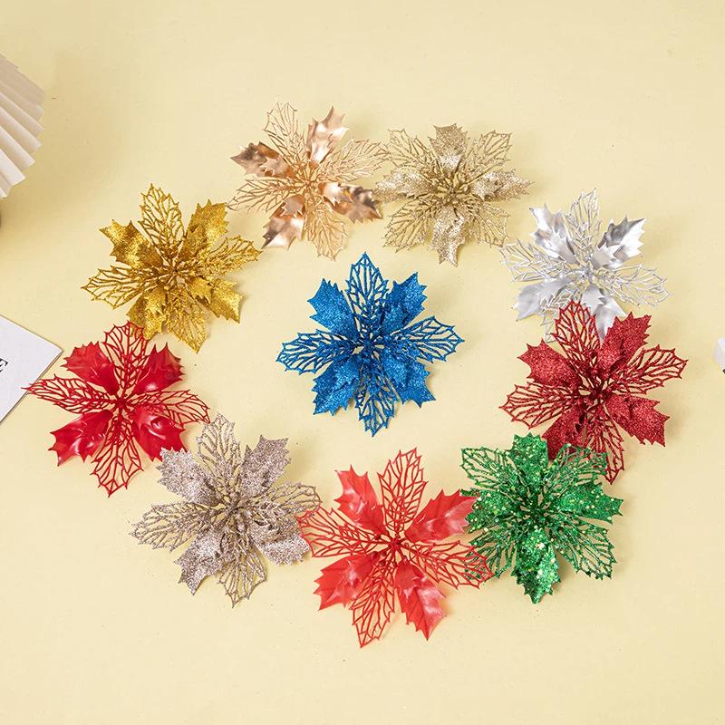 Artificial Glitter Poinsettia 6Pcs Hollow Out Xmas Decor for Christmas Tree Garland Front Door Winter Decor