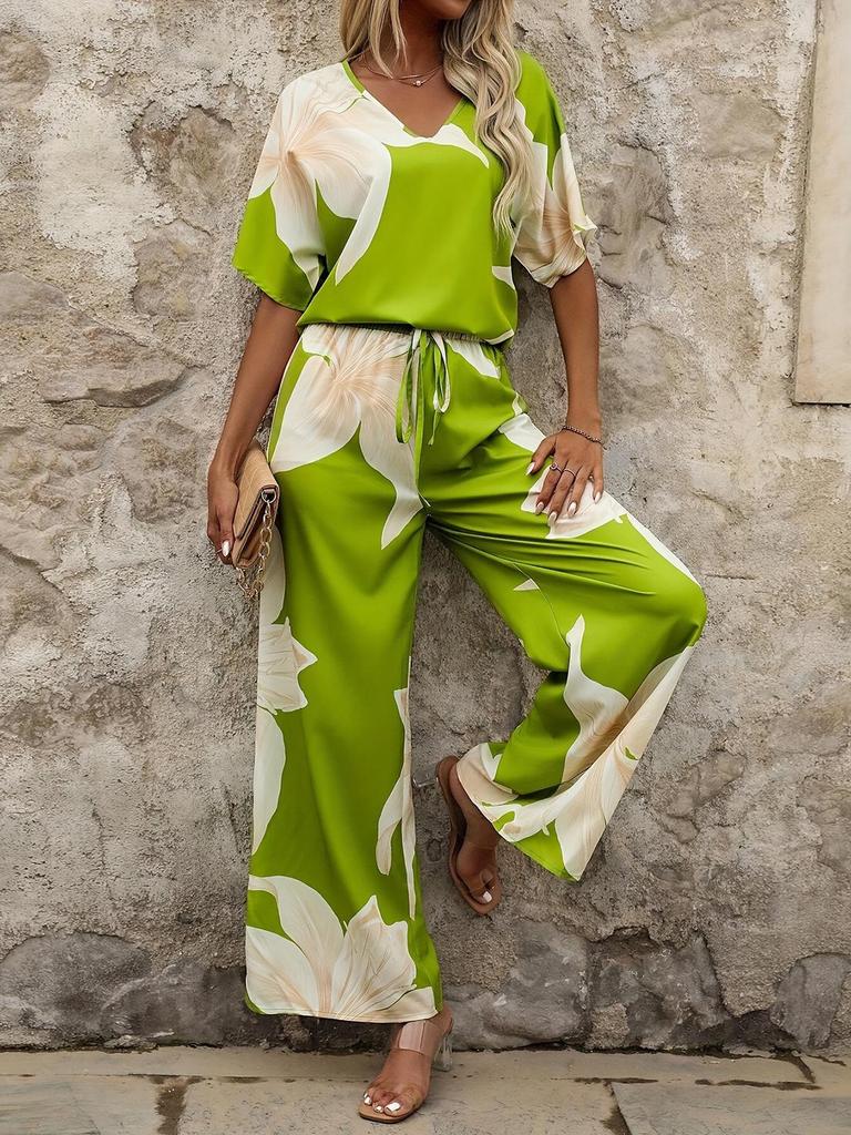 2026 Summer V-Neck Batwing Sleeve Printed Long Pants Fashion Two-Piece Set