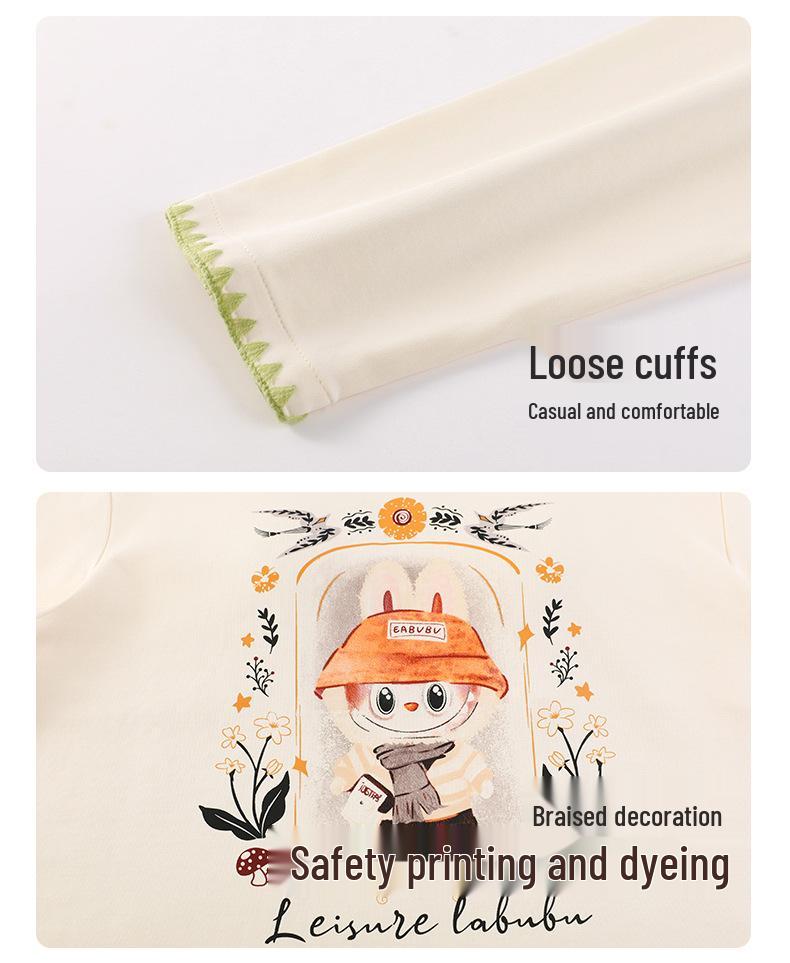 Piżama damska z długim rękawem i nadrukiem w kreskówkowe wzory, z wkładką na klatkę piersiową – uroczy komplet z okrągłym dekoltem do noszenia w domu lub na okrycia wierzchnie wiosną, jesienią i zimą