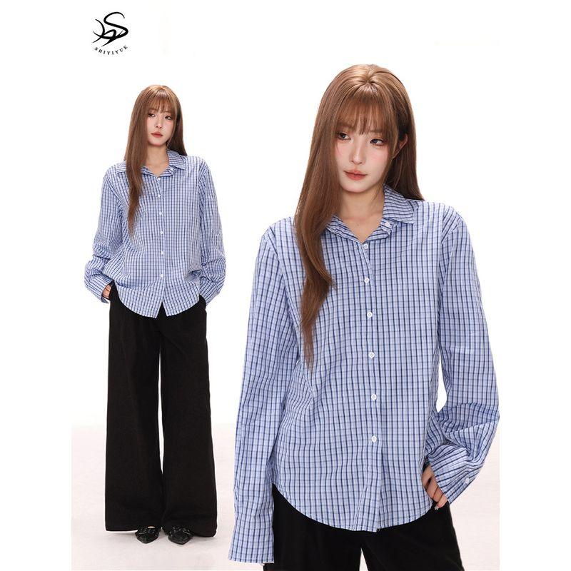 Shiyiyue Retro Preppy Style Blue Plaid Shirt for Women, Loose Sun Protection Outerwear, Layered Casual Long-Sleeved Shirt