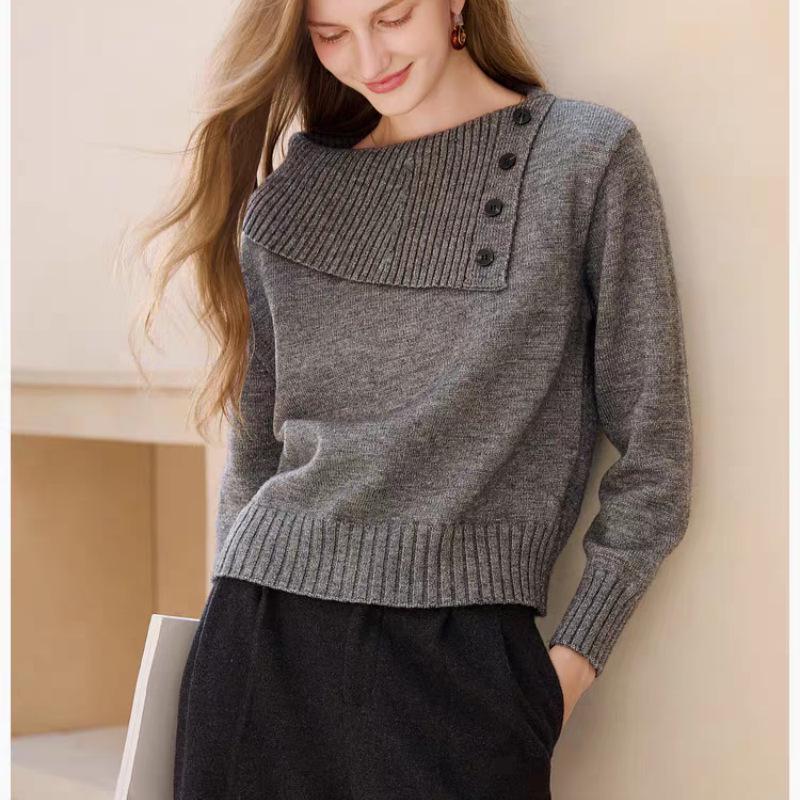 Women's 100% Pure Wool Asymmetrical Lapel Pullover Sweater - Thickened Knitwear for Autumn & Winter