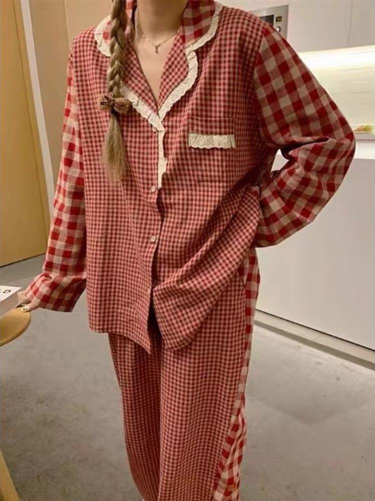 Rødrutete pyjamassett Dame Vår Høst Søt Hjemme Casual Langermet Nattøy Mote Alt-match Vintage Klær Myk