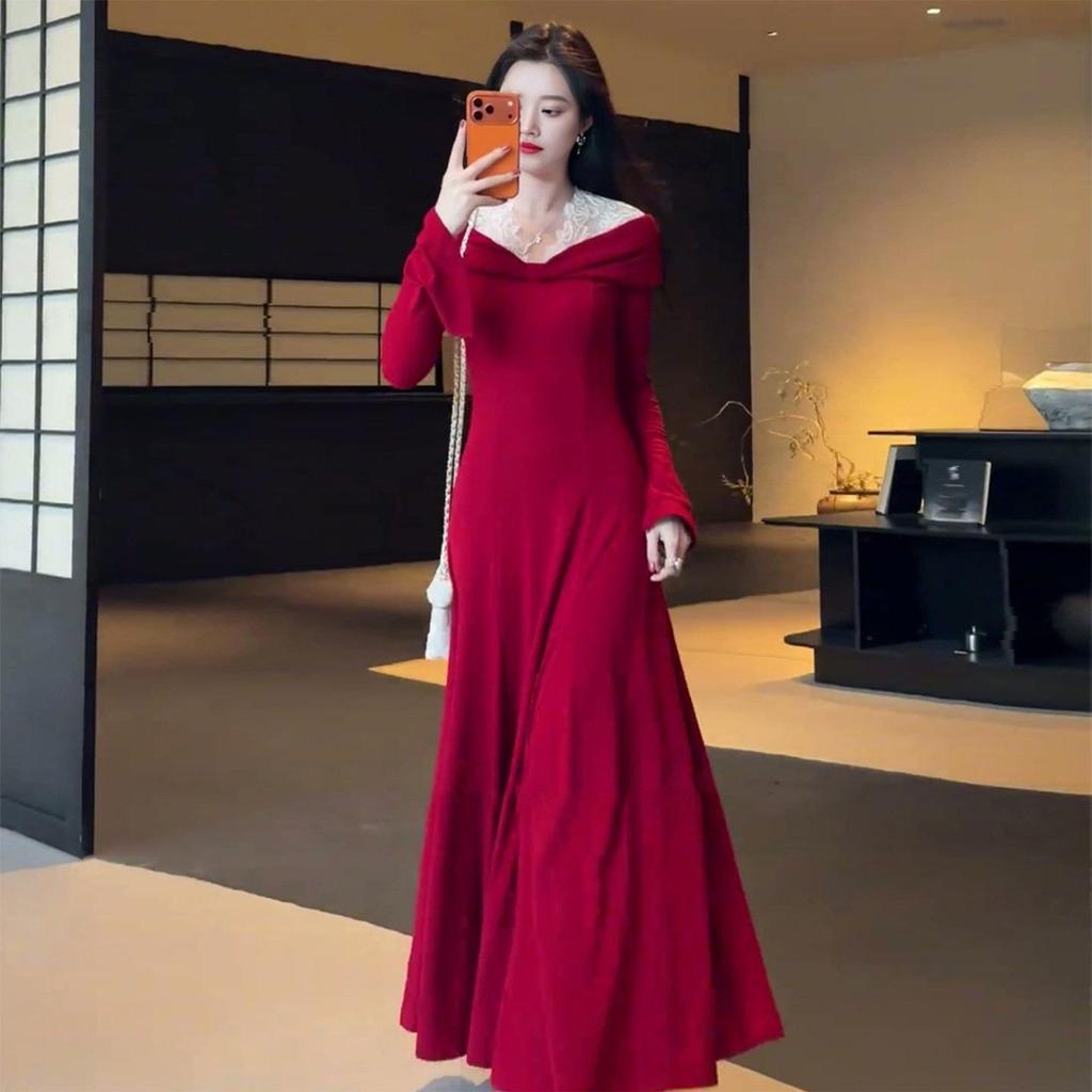 2026 Spring/Autumn Women's French Red Dress: Elegant Casual Slimming Battle Robe