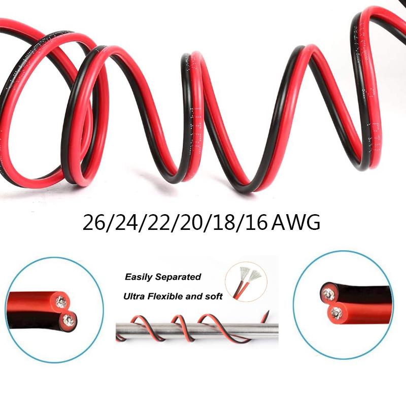 5M 2468red and black double core wire silicone rubber cable super soft 16/18/20/22/24/26/28AWG 2pin flexible led light connector