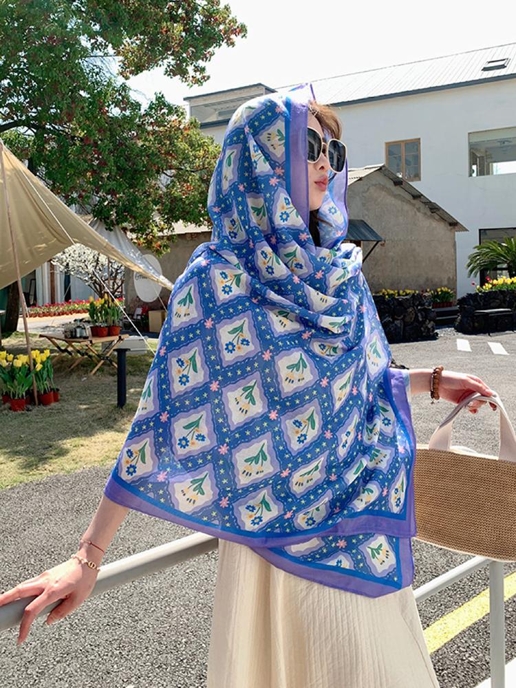 New Summer Elegant Women Silk Scarf Beach Long Wrap Shawl Blue Floral Lady Sunscreen Bandana Hijab Mujer Scarve Pareo Foulard