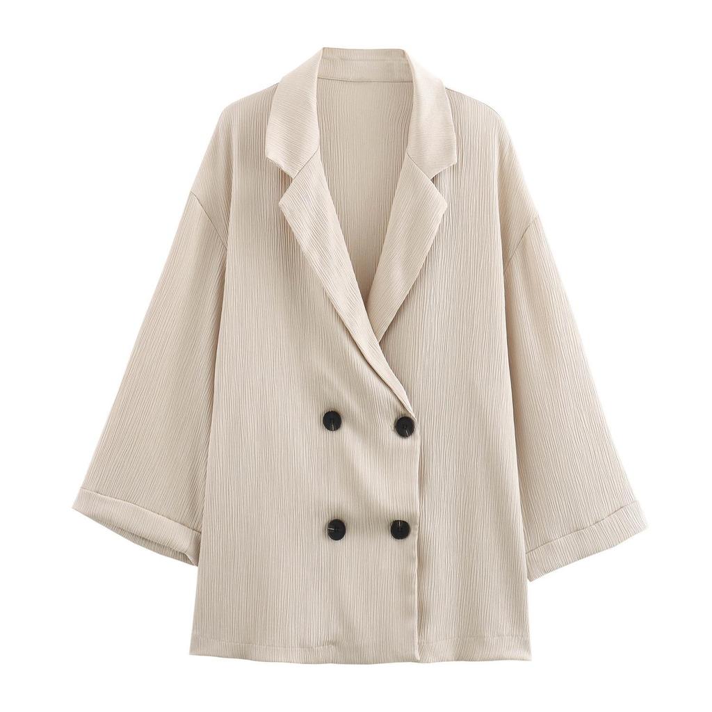 Women's Casual Crinkle Double-Breasted Blazer + High-Waisted Long Pants