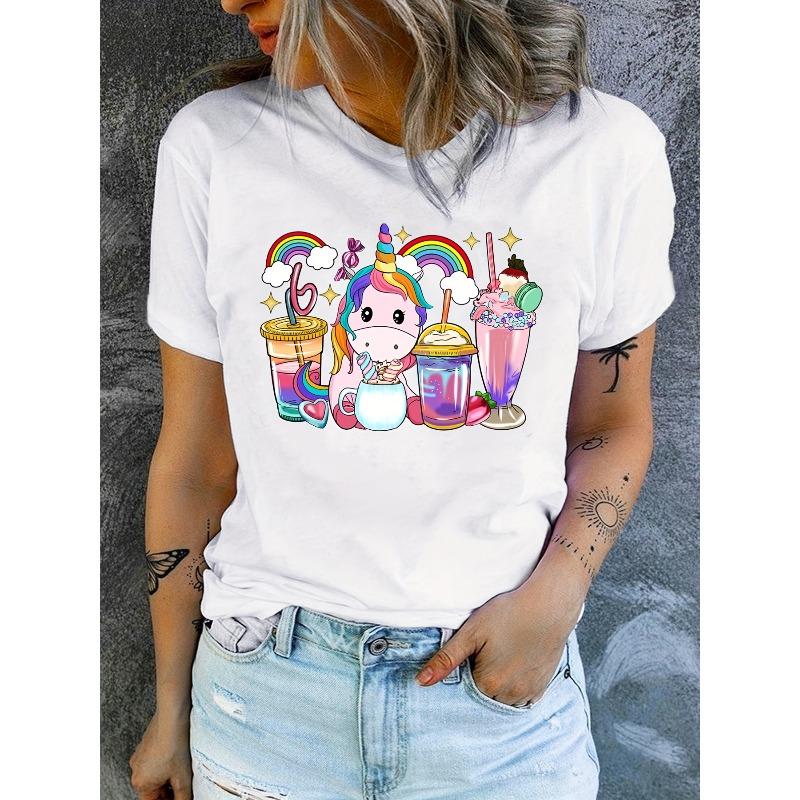 Womens Rainbow Unicorn Print T Shirt Short Sleeve Crew Neck Summer Spring Casual Top